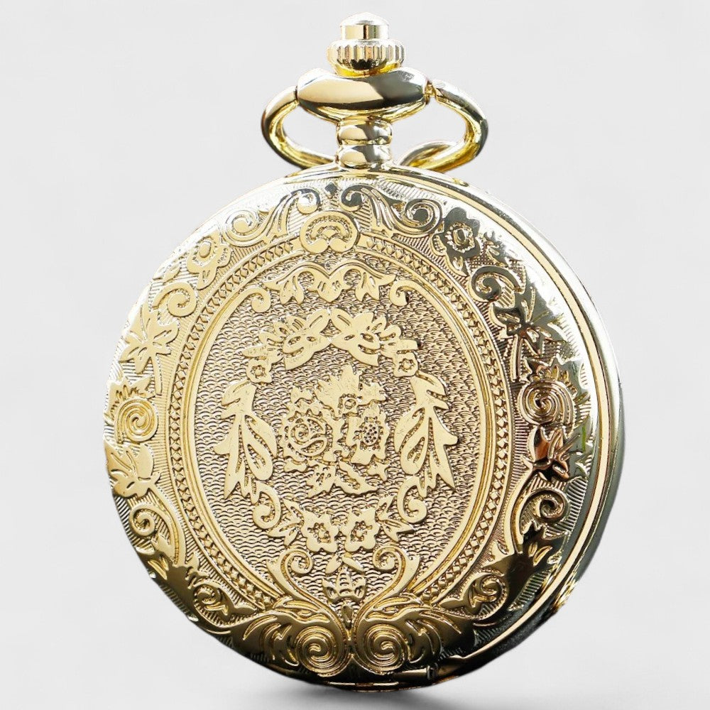 Montre à Gousset Dorée Gravée Fleurs Élégantes