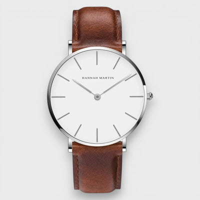 Maison Gousset men's minimalist white dial watch with brown leather strap and silver alloy case.